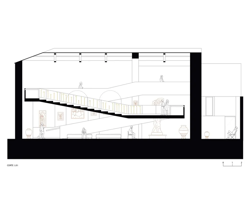 Section drawing revealing a diagonal stair spanning two floors with figures and ceiling trusses above
