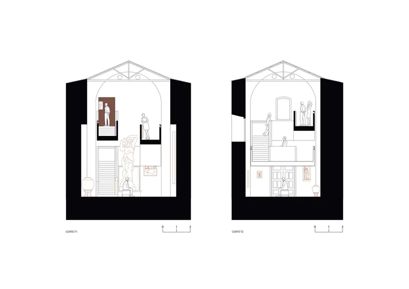 Two transverse section drawings showing vaulted interior spaces with inserted stair volumes and figures
