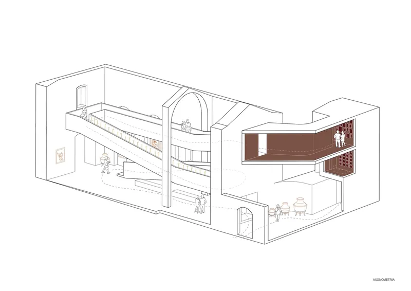 Axonometric cutaway drawing revealing multi-level interior spaces with ramps, arched openings and occupants