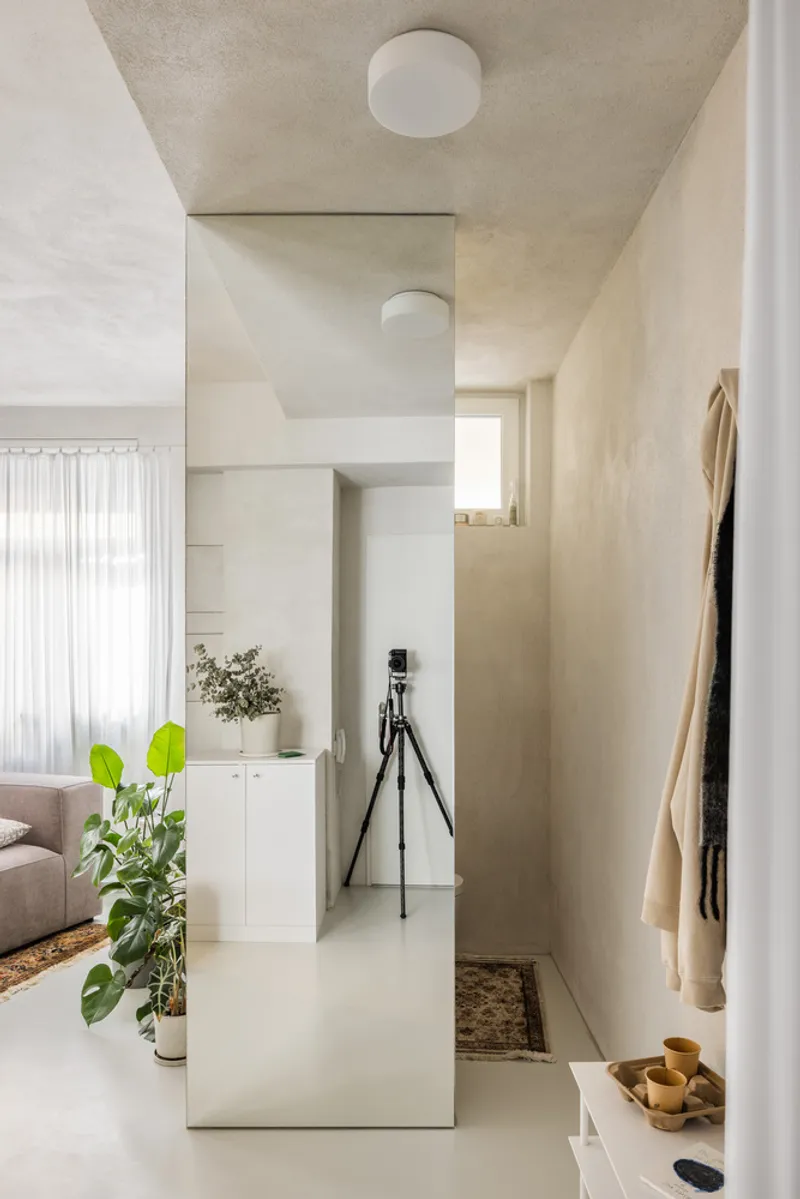 Narrow hallway with flush mirror panel reflecting the adjacent living areas and ceiling fixture