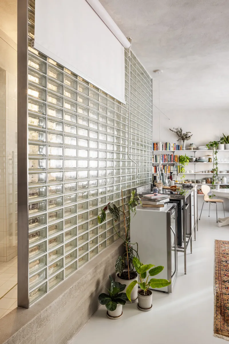 Glass block wall with concrete base and potted plants beneath the translucent glazing
