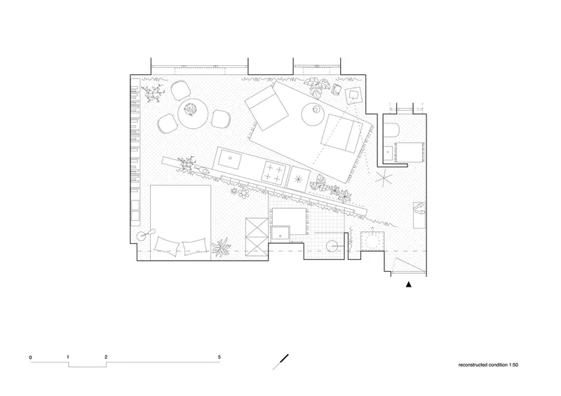 Floor plan drawing showing the renovated layout with furniture and planted terrace