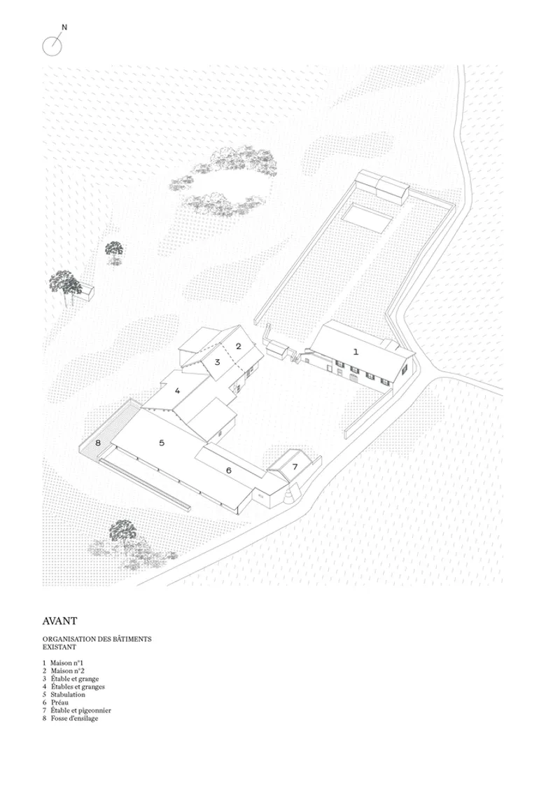 Axonometric site plan drawing showing existing building footprints arranged around a central courtyard with surrounding trees