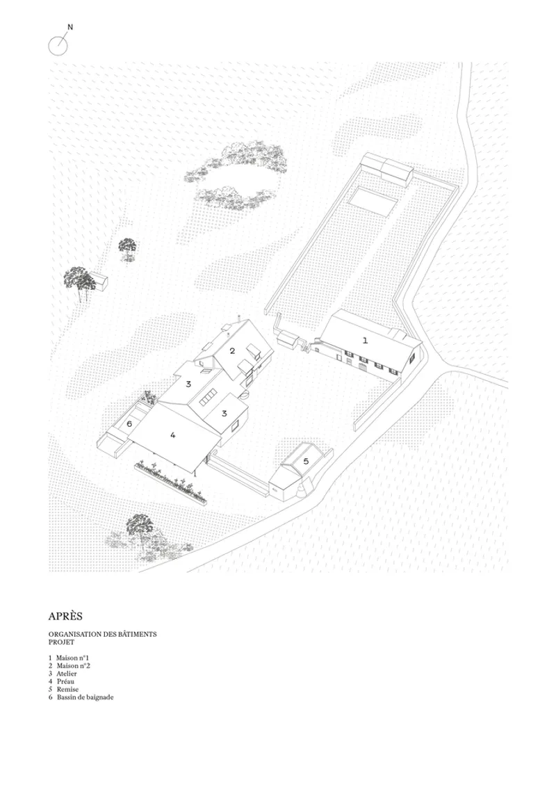 Axonometric site plan drawing showing the proposed reorganization of building volumes around a central open space