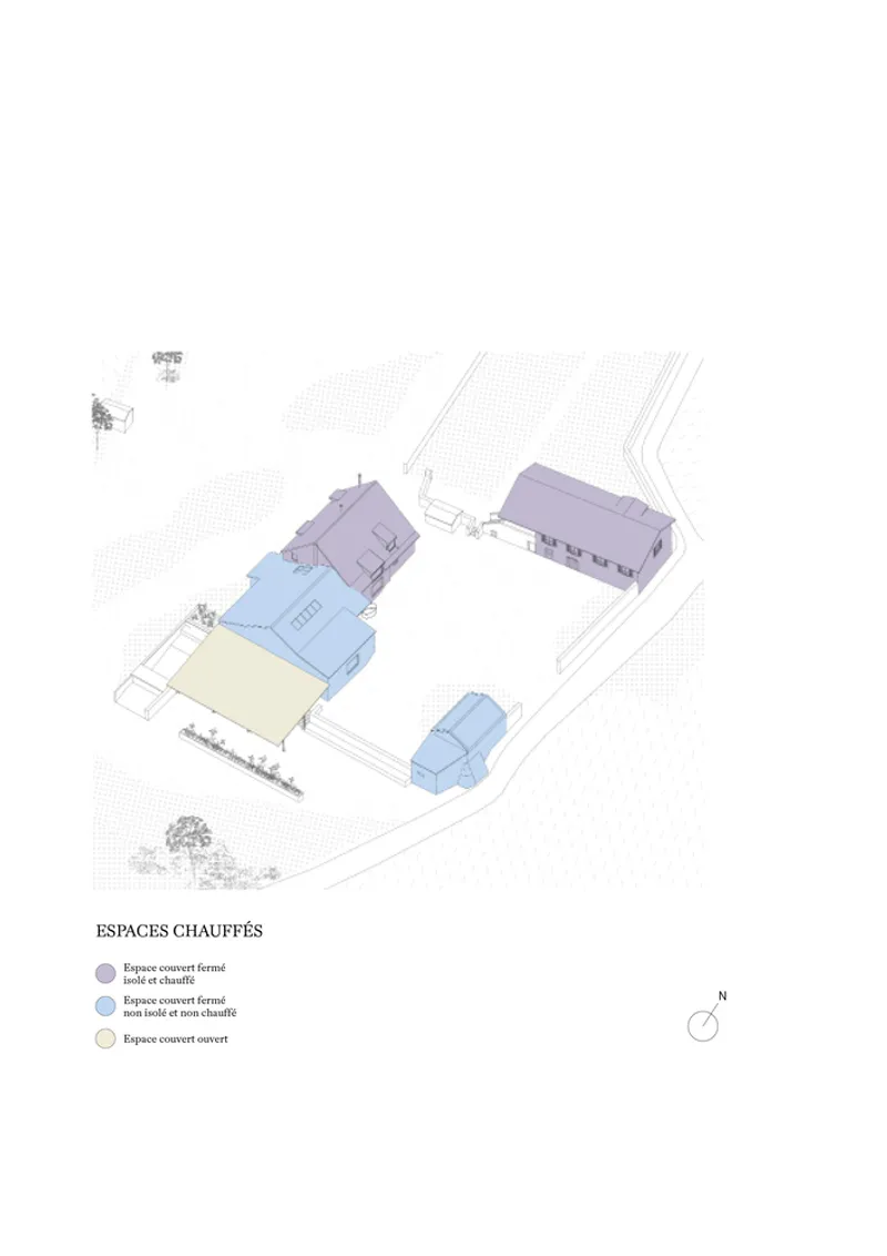 Axonometric diagram showing heated and unheated spaces color-coded across the building cluster and site