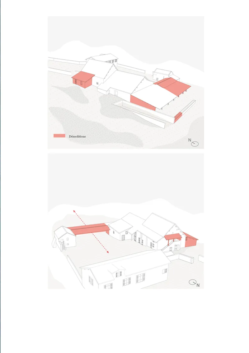 Paired axonometric drawings showing demolition areas highlighted in red across two viewpoints of the complex