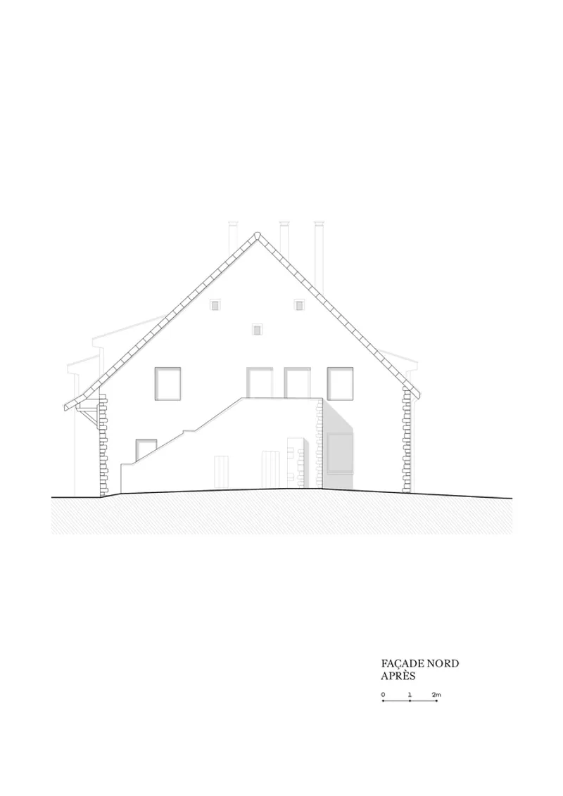 Elevation drawing of a gabled house showing window openings and a chimney on the north facade