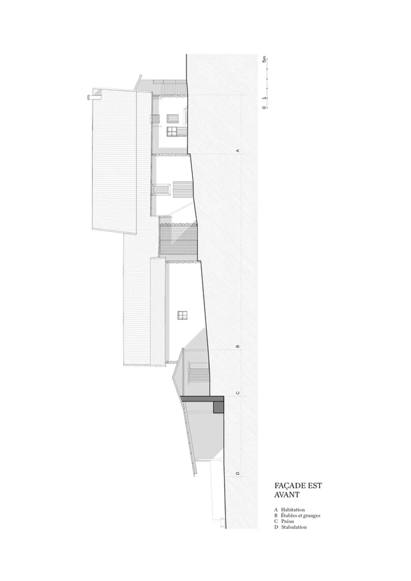 Elevation drawing of the elongated east facade before renovation showing multiple volumes and roof planes
