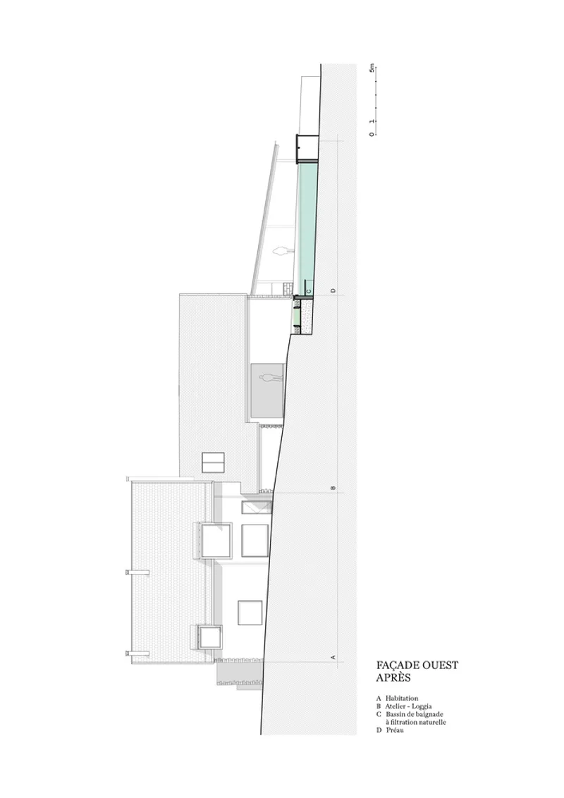 Elevation drawing of the west facade after renovation showing the addition of a pool highlighted in blue