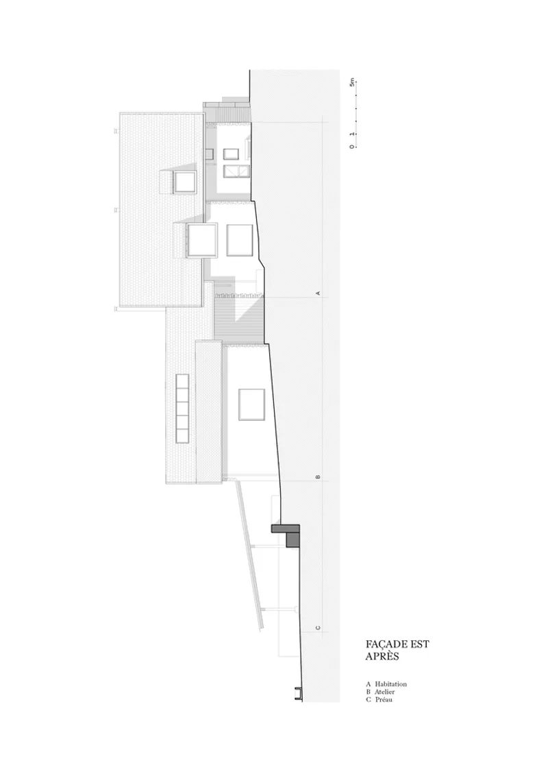 Elevation drawing of the east facade after renovation showing reconfigured volumes and openings