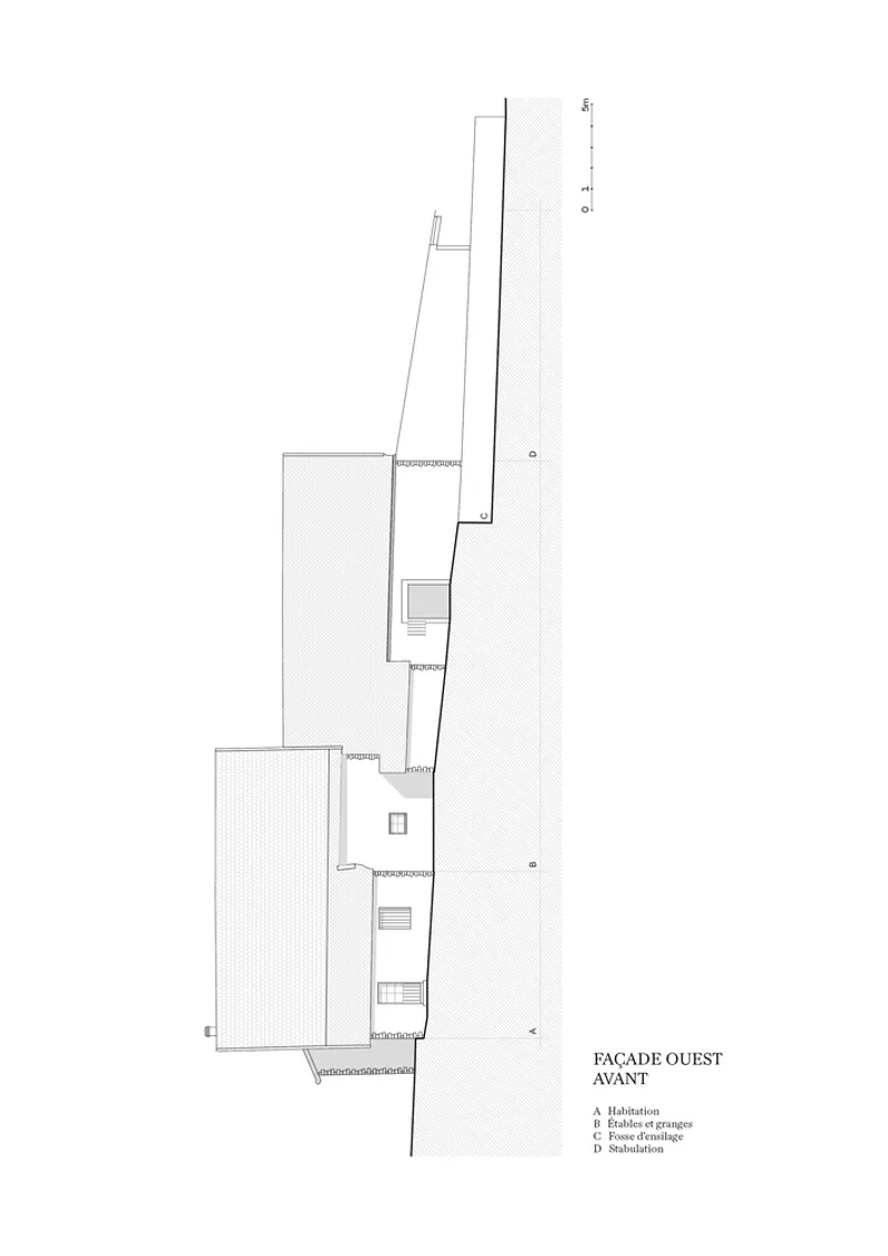 Elevation drawing of the west facade before renovation showing angled volumes and scattered openings
