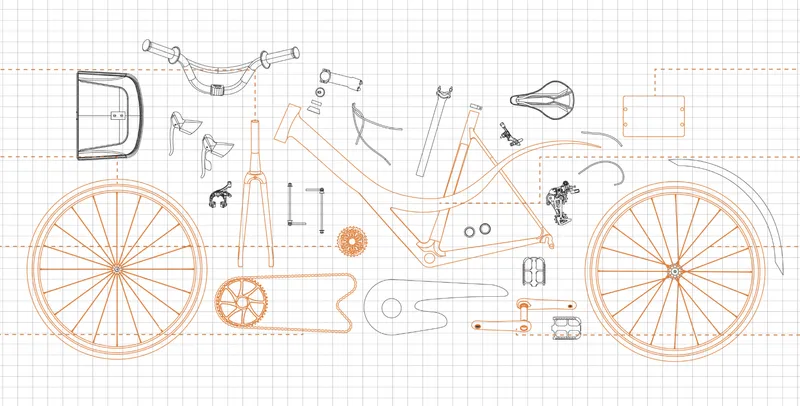 Technical drawing showing exploded bicycle components and assembly diagram on grid paper