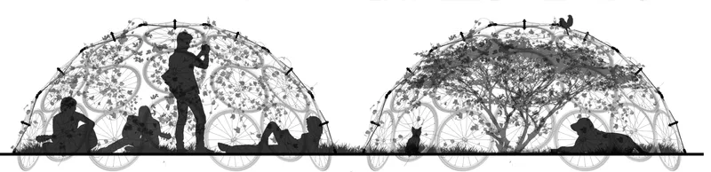Section drawing of two domed pavilions on wheels with figures seated and standing inside