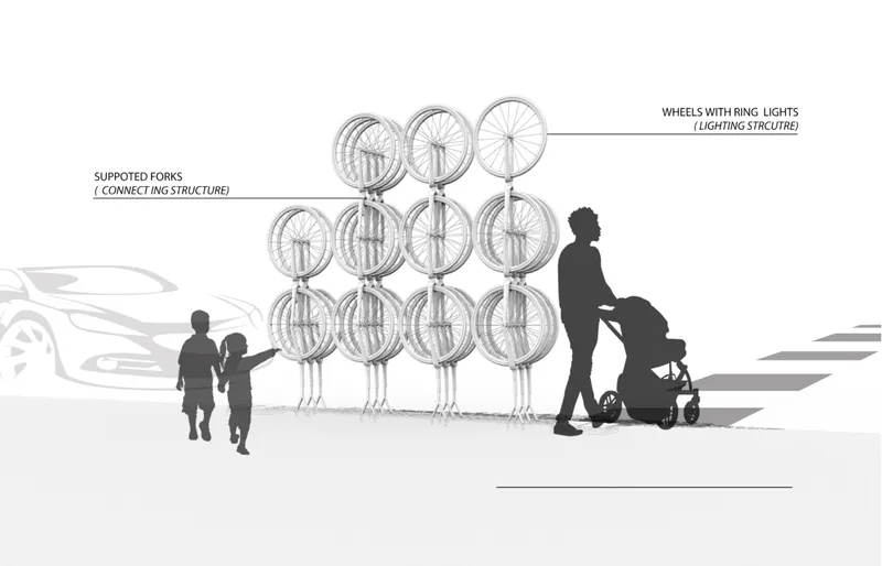 Elevation drawing of bicycle wheel installation with figures including adult pushing stroller and children