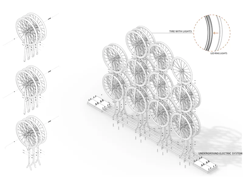 Exploded axonometric drawing showing bicycle wheel lighting assembly with underground electrical system and detail callouts