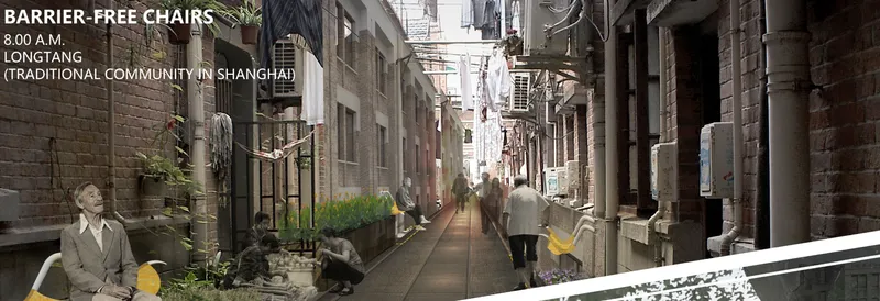 Narrow residential alley with brick walls, potted plants, and morning light filtering through overhead lines