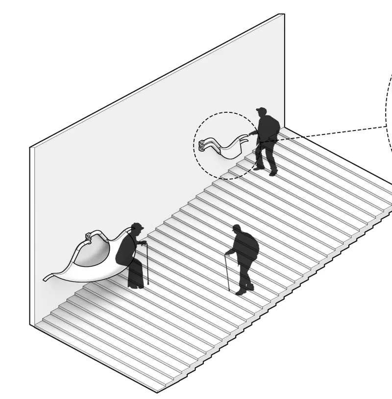 Axonometric drawing of stairway with figures using sculptural handrails and movement paths indicated