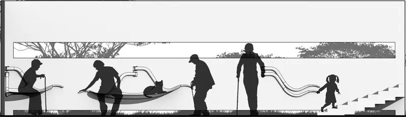 Section drawing showing figures using curved handrails along stepped landscape with distant tree line