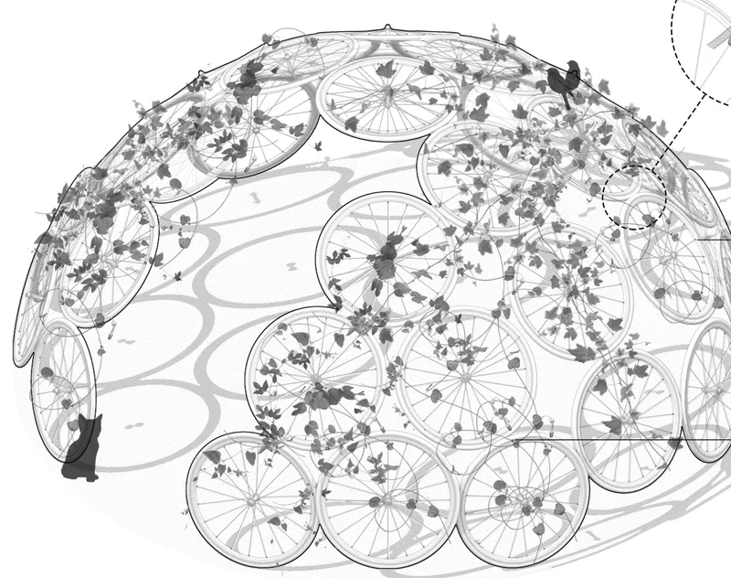 Axonometric drawing of a domed canopy structure with circular modules and scattered vegetation below