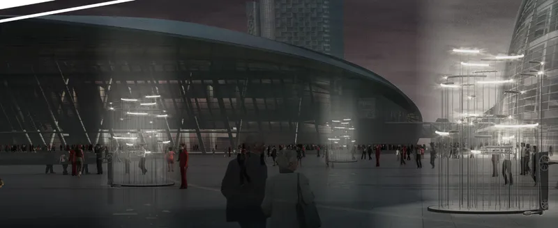 Glazed plaza entrance with cylindrical light installations and visitors gathering at dusk