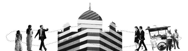 Composite showing pedestrians, a striped dome with finial, and figures near a street cart