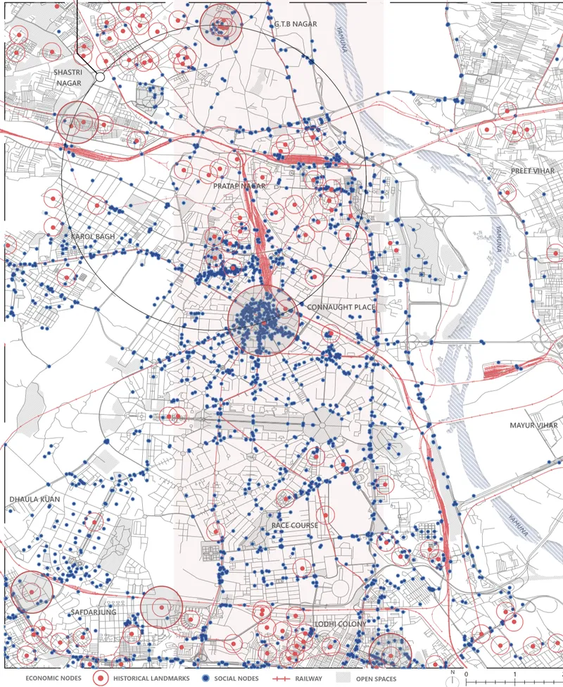 Urban mapping diagram with blue dots for social nodes and red circles marking historical landmarks