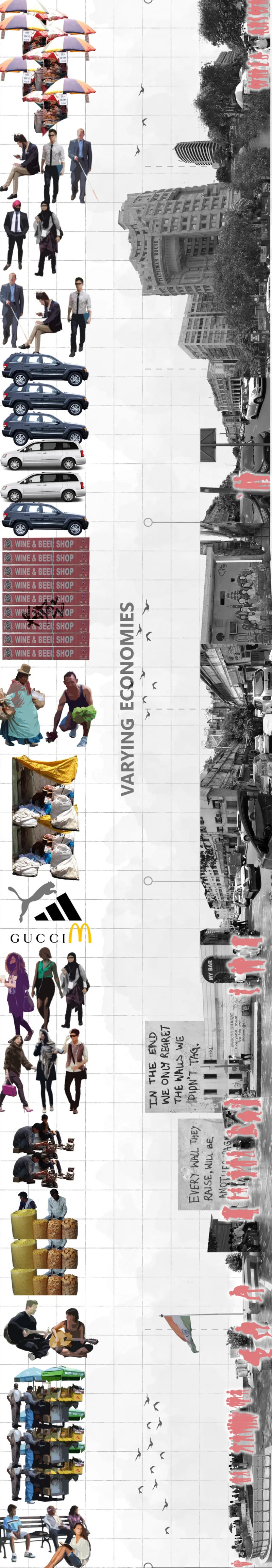 Vertical collage of street scenes with pedestrians, vehicles, trees, and activity zones