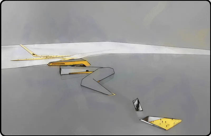 Aerial perspective of angular roof planes and yellow courtyard cuts emerging from a snowy landscape