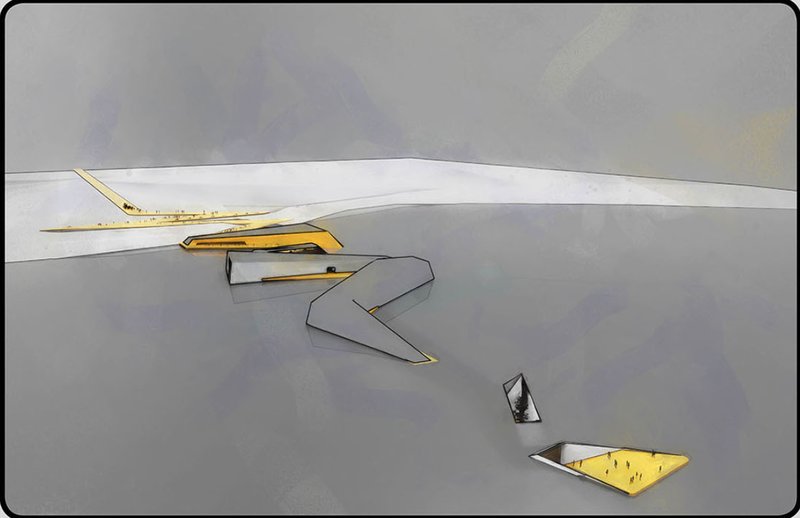 Aerial perspective of angular roof planes and yellow courtyard cuts emerging from a snowy landscape