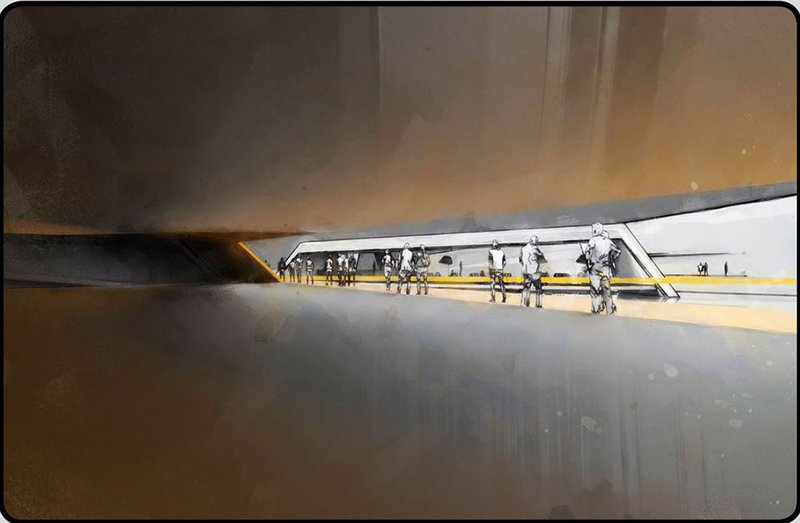 Long section view through the illuminated interior platform with figures walking beneath angled concrete roof planes