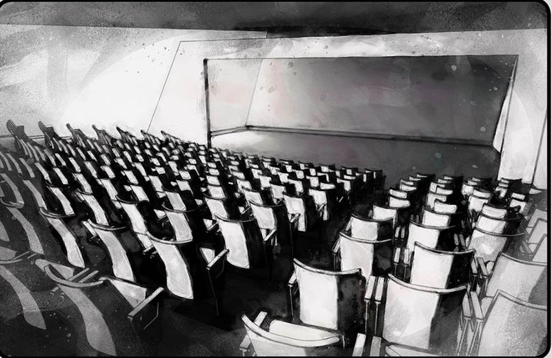 Rows of folding black and white chairs in a raked auditorium with angled concrete walls