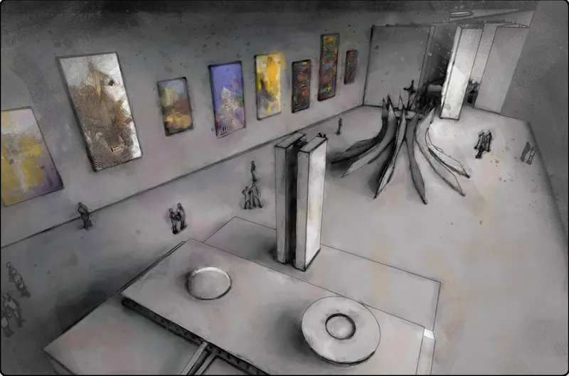 Top-down view of the gallery interior with colorful artworks on white walls and visitors scattered below