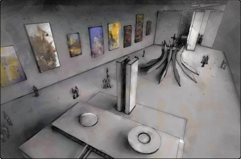 Top-down view of the gallery interior with colorful artworks on white walls and visitors scattered below