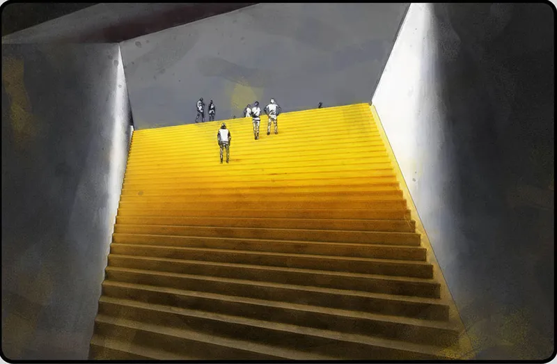 Wide timber staircase with yellow lighting and visitors ascending between white concrete walls