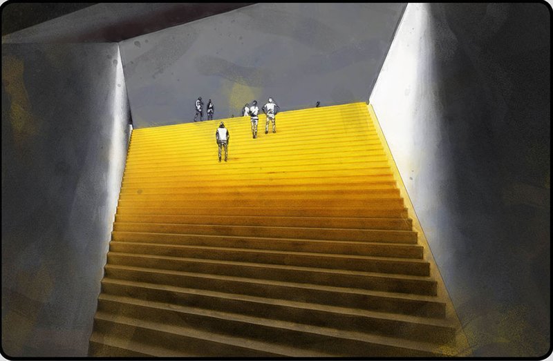 Wide timber staircase with yellow lighting and visitors ascending between white concrete walls