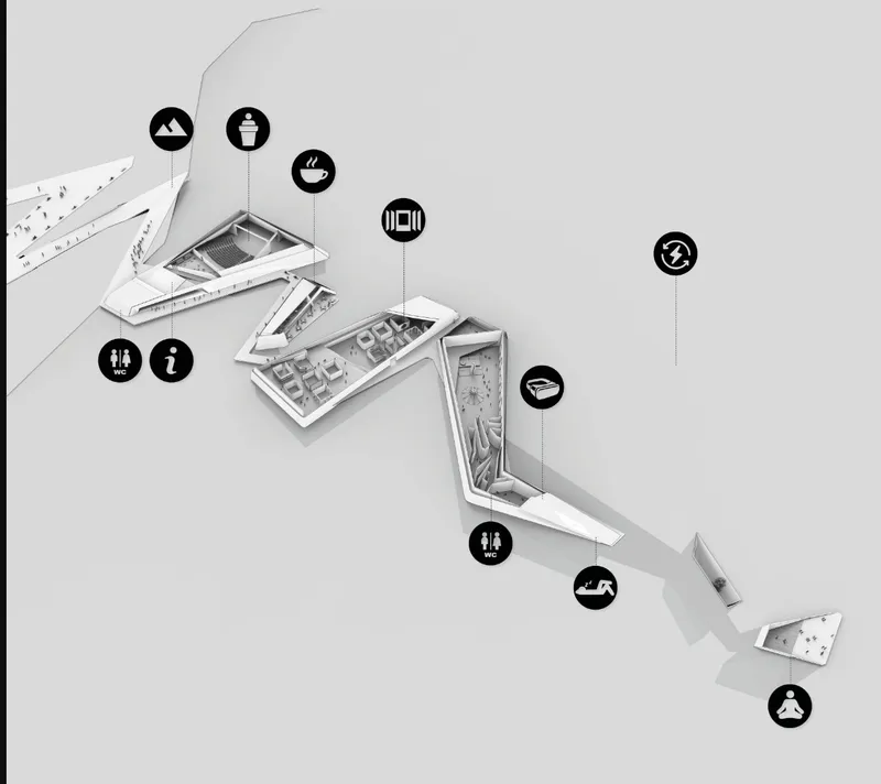 Exploded axonometric drawing showing three angular floor levels with programmatic icons labeling different zones