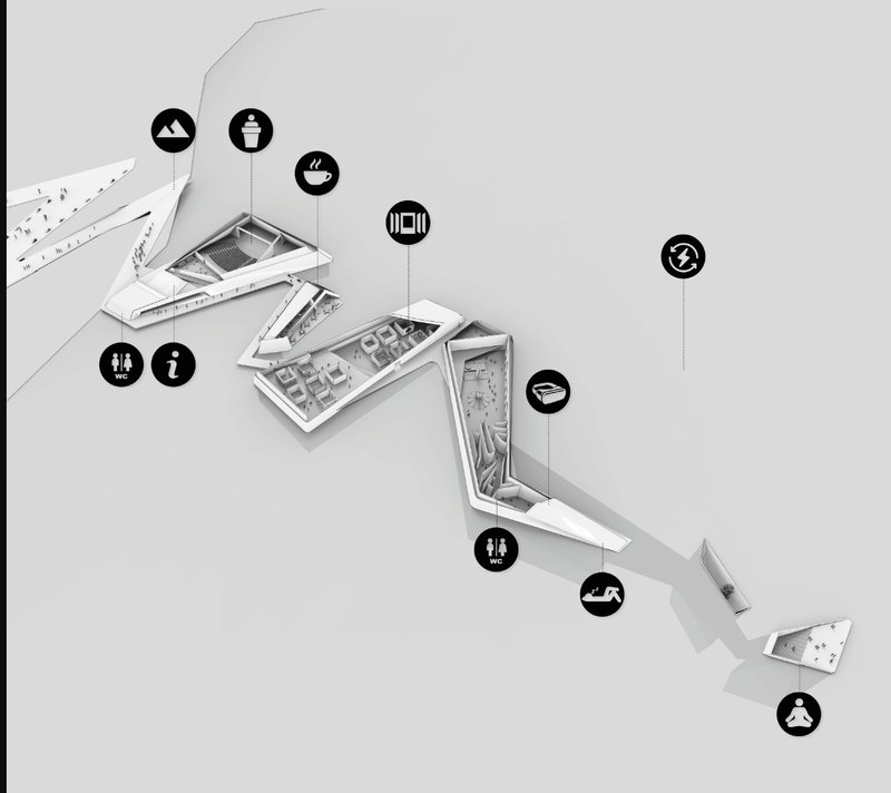 Exploded axonometric drawing showing three angular floor levels with programmatic icons labeling different zones