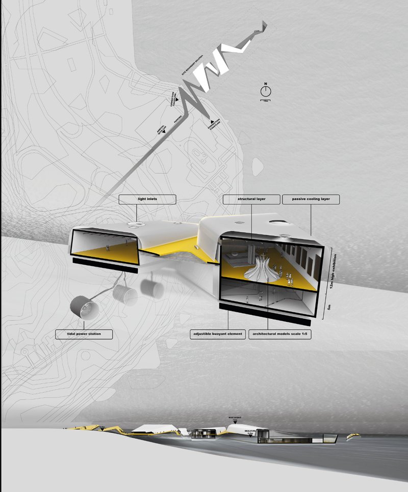 Composite diagram showing sectional cuts, site plan, elevation, and labeled building layers with yellow accents