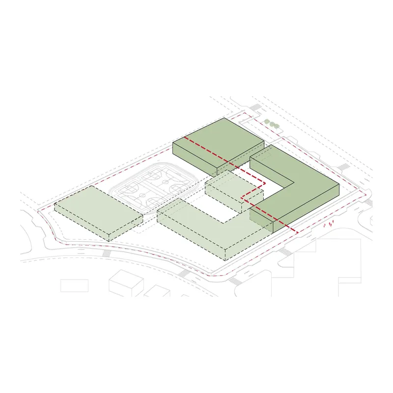 Axonometric drawing showing clustered rectangular volumes with green roofs and red circulation lines on site plan