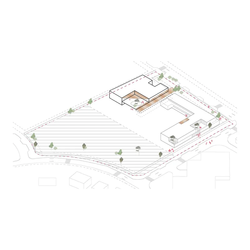 Axonometric drawing showing building arrangement with central courtyard and landscaped plaza dotted with trees