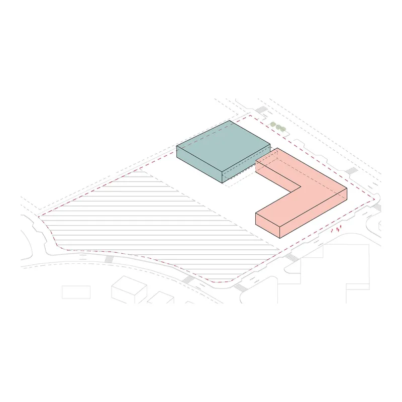 Axonometric drawing illustrating two building volumes in blue and pink positioned around a linear open space