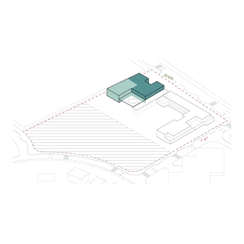 Axonometric drawing highlighting teal volumes arranged around a central courtyard on the site