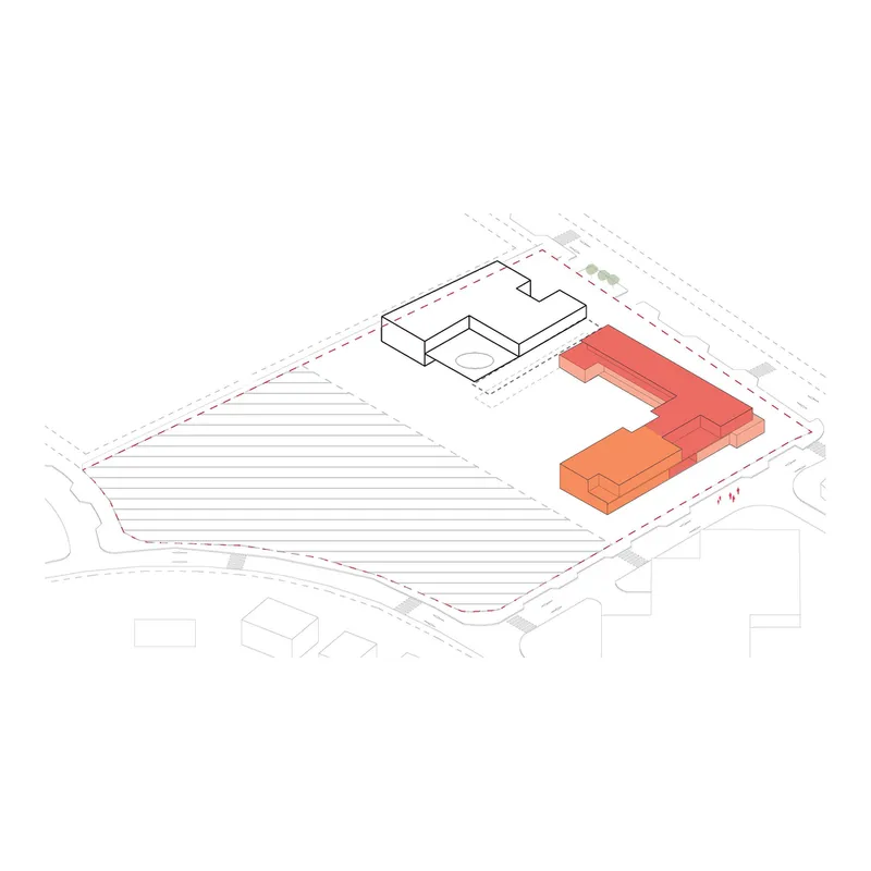 Axonometric drawing with orange and red highlighted L-shaped building volumes on the eastern edge