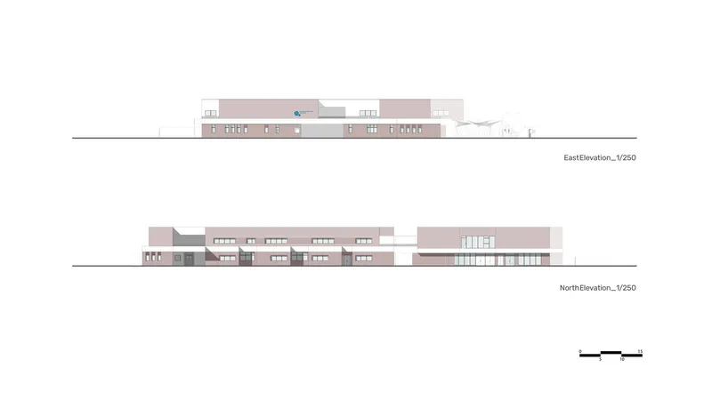 East and north elevation drawings showing the building's low profile with repeated window bays