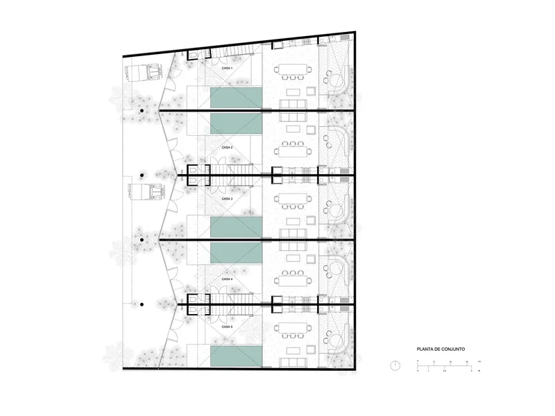 Floor plan drawing showing five stacked residential units with pools and angled terraces on the left edge