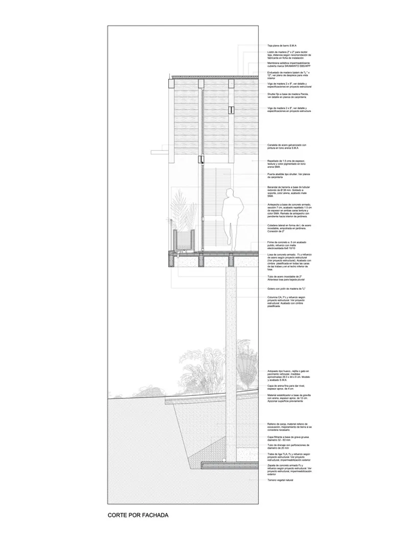 Facade section detail showing slatted screen wall with human figure and planting at ground level