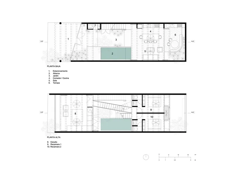 Ground floor and upper floor plan drawings with central pools and flanking living spaces