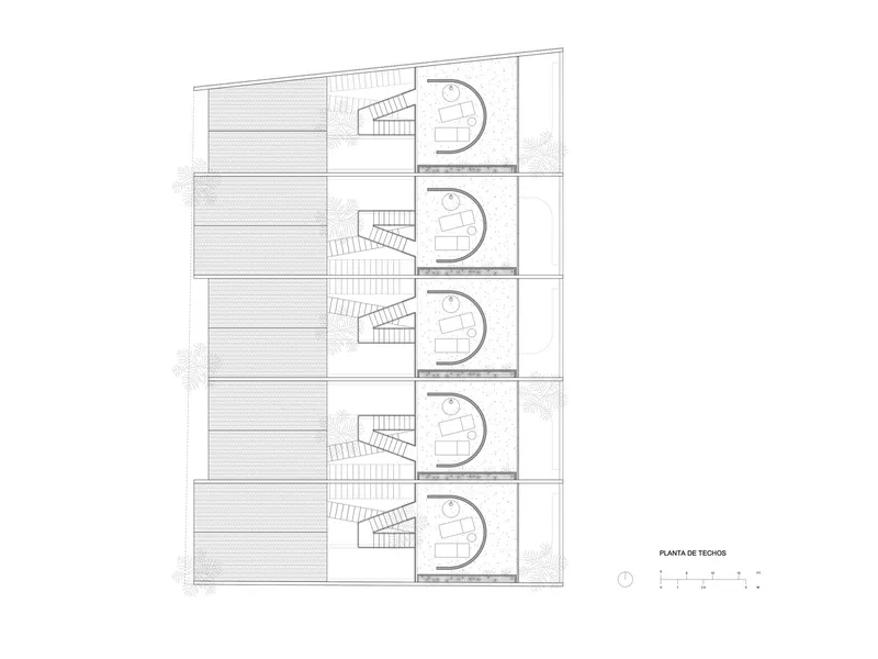 Roof plan drawing showing five units with horizontal slat screens and circular terraces with stairs