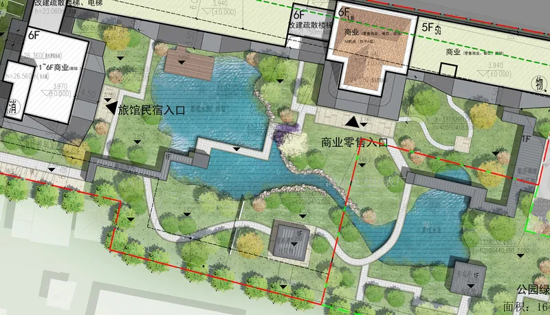 Site plan rendering showing buildings around two blue water features with planted green areas
