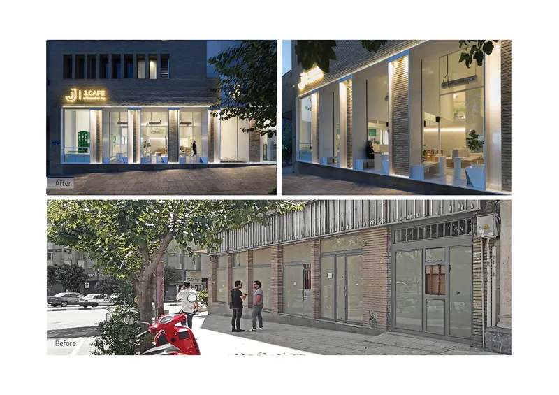 Before-and-after comparison photographs showing storefront transformation from shuttered facade to glazed opening